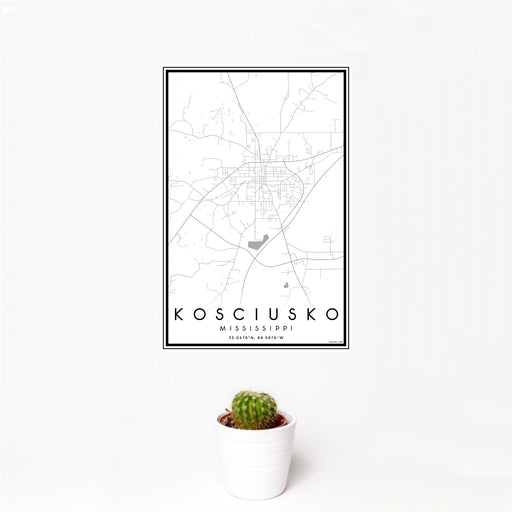 12x18 Kosciusko Mississippi Map Print Portrait Orientation in Classic Style With Small Cactus Plant in White Planter
