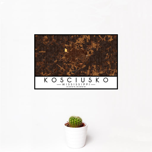 12x18 Kosciusko Mississippi Map Print Landscape Orientation in Ember Style With Small Cactus Plant in White Planter