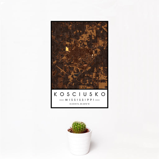 12x18 Kosciusko Mississippi Map Print Portrait Orientation in Ember Style With Small Cactus Plant in White Planter