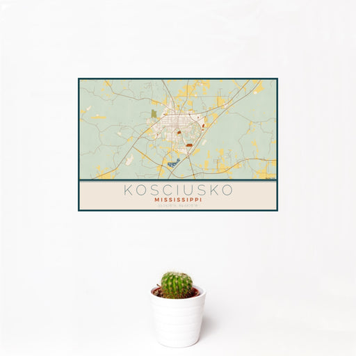 12x18 Kosciusko Mississippi Map Print Landscape Orientation in Woodblock Style With Small Cactus Plant in White Planter