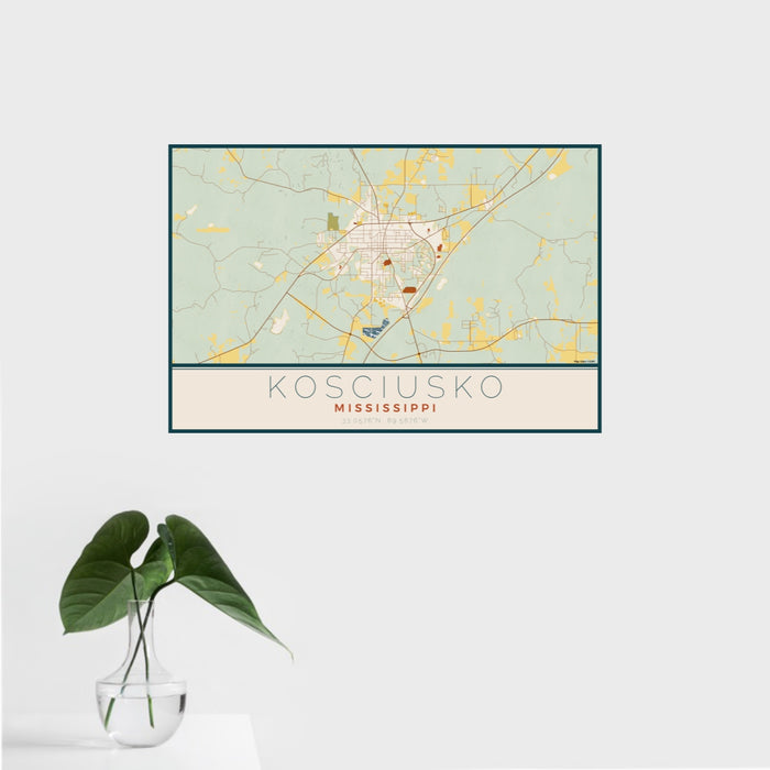 16x24 Kosciusko Mississippi Map Print Landscape Orientation in Woodblock Style With Tropical Plant Leaves in Water
