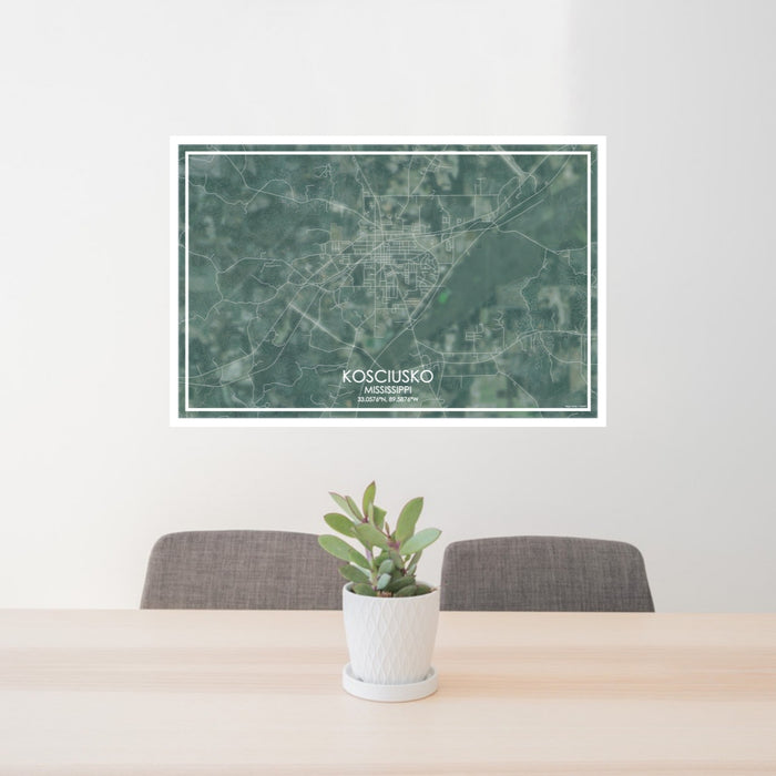 24x36 Kosciusko Mississippi Map Print Lanscape Orientation in Afternoon Style Behind 2 Chairs Table and Potted Plant