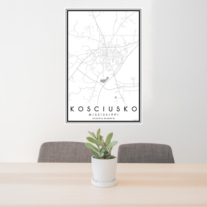 24x36 Kosciusko Mississippi Map Print Portrait Orientation in Classic Style Behind 2 Chairs Table and Potted Plant