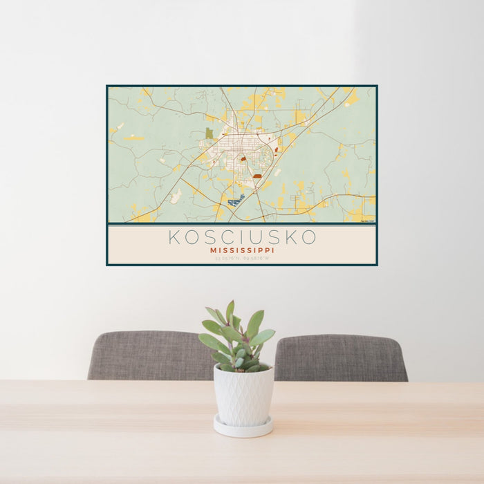 24x36 Kosciusko Mississippi Map Print Lanscape Orientation in Woodblock Style Behind 2 Chairs Table and Potted Plant