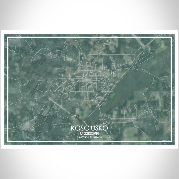 Kosciusko Mississippi Map Print Landscape Orientation in Afternoon Style With Shaded Background