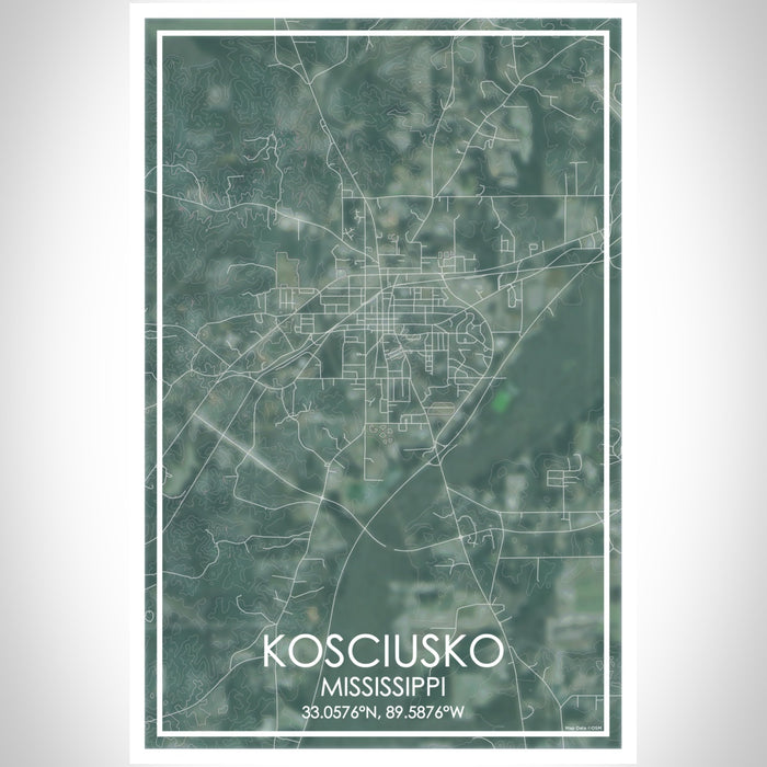 Kosciusko Mississippi Map Print Portrait Orientation in Afternoon Style With Shaded Background