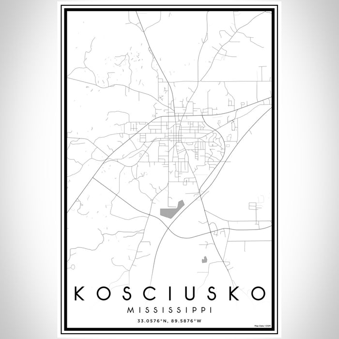 Kosciusko Mississippi Map Print Portrait Orientation in Classic Style With Shaded Background