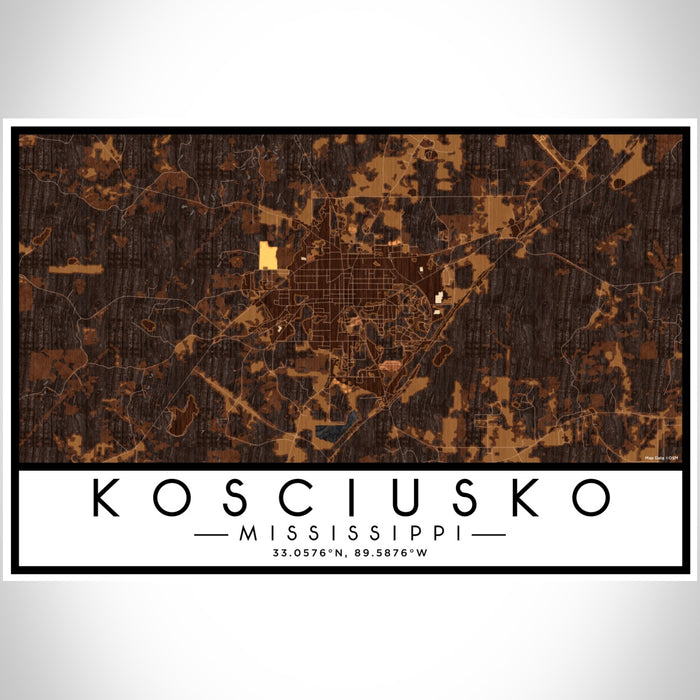 Kosciusko Mississippi Map Print Landscape Orientation in Ember Style With Shaded Background