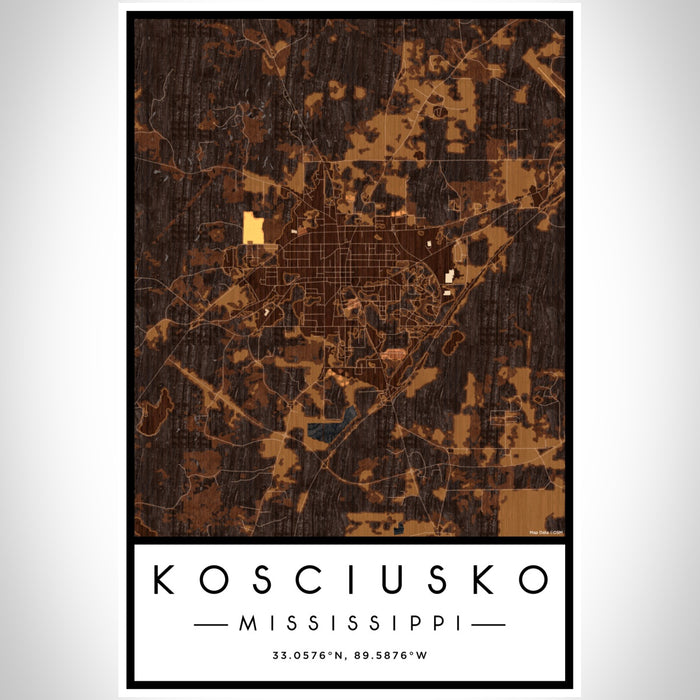 Kosciusko Mississippi Map Print Portrait Orientation in Ember Style With Shaded Background