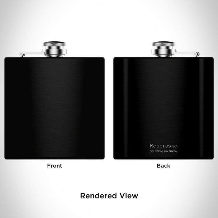 Rendered View of Kosciusko Mississippi Map Engraving on 6oz Stainless Steel Flask in Black