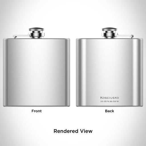 Rendered View of Kosciusko Mississippi Map Engraving on 6oz Stainless Steel Flask