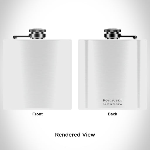 Rendered View of Kosciusko Mississippi Map Engraving on 6oz Stainless Steel Flask in White