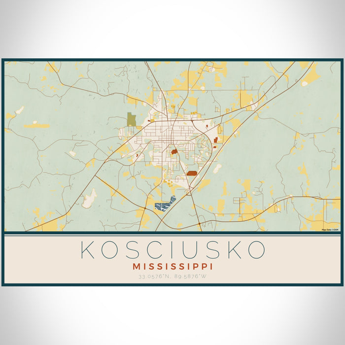 Kosciusko Mississippi Map Print Landscape Orientation in Woodblock Style With Shaded Background