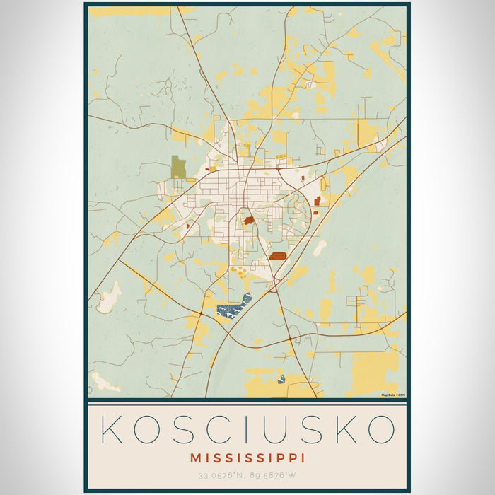 Kosciusko Mississippi Map Print Portrait Orientation in Woodblock Style With Shaded Background