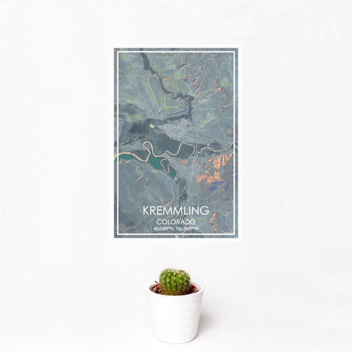 12x18 Kremmling Colorado Map Print Portrait Orientation in Afternoon Style With Small Cactus Plant in White Planter