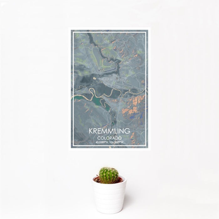 12x18 Kremmling Colorado Map Print Portrait Orientation in Afternoon Style With Small Cactus Plant in White Planter