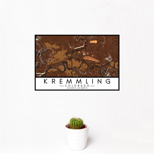 12x18 Kremmling Colorado Map Print Landscape Orientation in Ember Style With Small Cactus Plant in White Planter