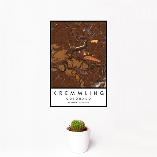 12x18 Kremmling Colorado Map Print Portrait Orientation in Ember Style With Small Cactus Plant in White Planter