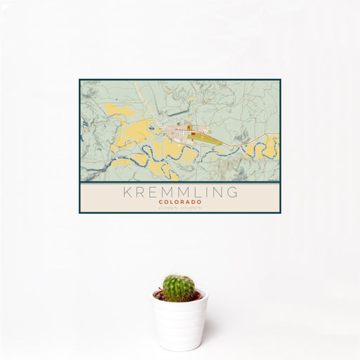 12x18 Kremmling Colorado Map Print Landscape Orientation in Woodblock Style With Small Cactus Plant in White Planter