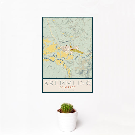 12x18 Kremmling Colorado Map Print Portrait Orientation in Woodblock Style With Small Cactus Plant in White Planter