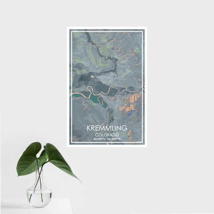 16x24 Kremmling Colorado Map Print Portrait Orientation in Afternoon Style With Tropical Plant Leaves in Water