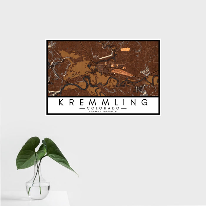 16x24 Kremmling Colorado Map Print Landscape Orientation in Ember Style With Tropical Plant Leaves in Water