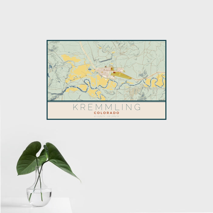 16x24 Kremmling Colorado Map Print Landscape Orientation in Woodblock Style With Tropical Plant Leaves in Water