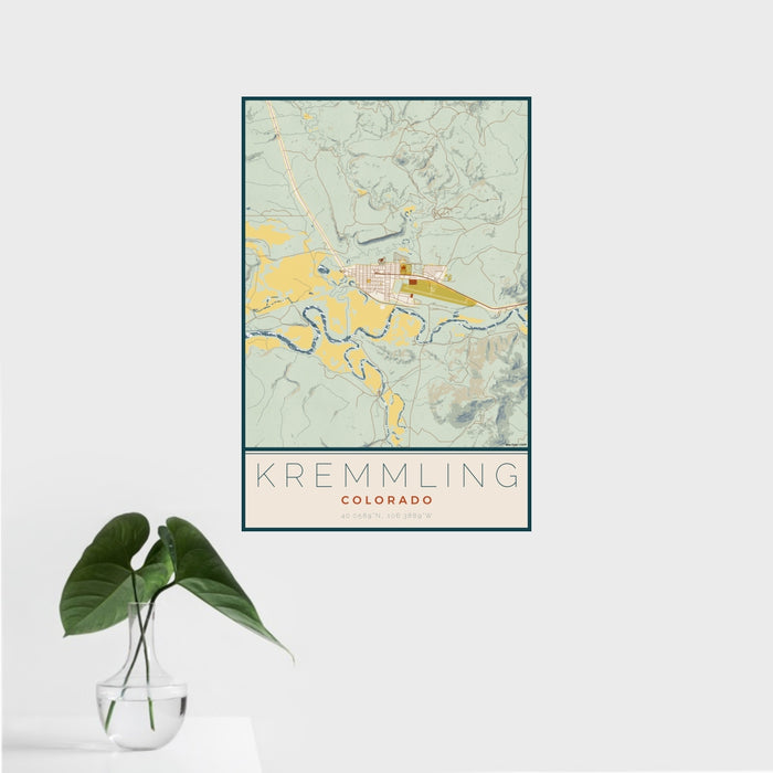 16x24 Kremmling Colorado Map Print Portrait Orientation in Woodblock Style With Tropical Plant Leaves in Water