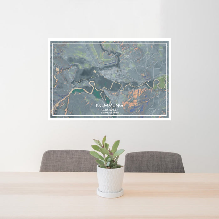 24x36 Kremmling Colorado Map Print Lanscape Orientation in Afternoon Style Behind 2 Chairs Table and Potted Plant