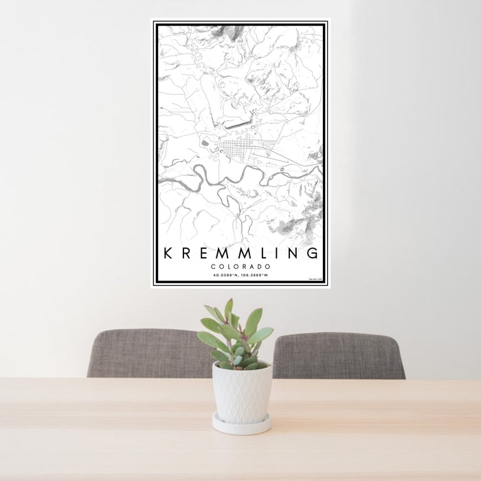 24x36 Kremmling Colorado Map Print Portrait Orientation in Classic Style Behind 2 Chairs Table and Potted Plant