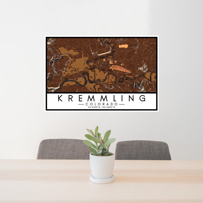 24x36 Kremmling Colorado Map Print Lanscape Orientation in Ember Style Behind 2 Chairs Table and Potted Plant