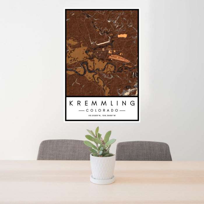 24x36 Kremmling Colorado Map Print Portrait Orientation in Ember Style Behind 2 Chairs Table and Potted Plant