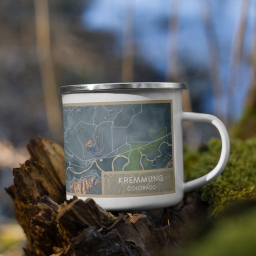 Right View Custom Kremmling Colorado Map Enamel Mug in Afternoon on Grass With Trees in Background