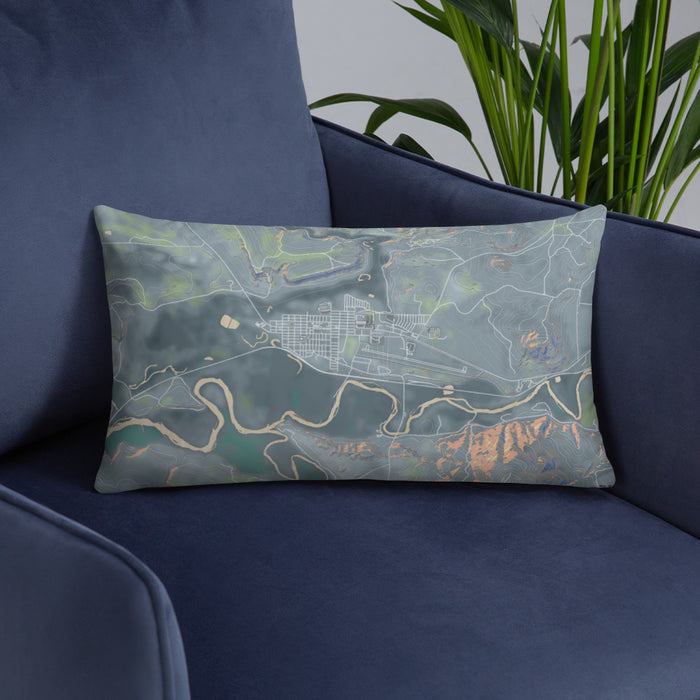Custom Kremmling Colorado Map Throw Pillow in Afternoon on Blue Colored Chair