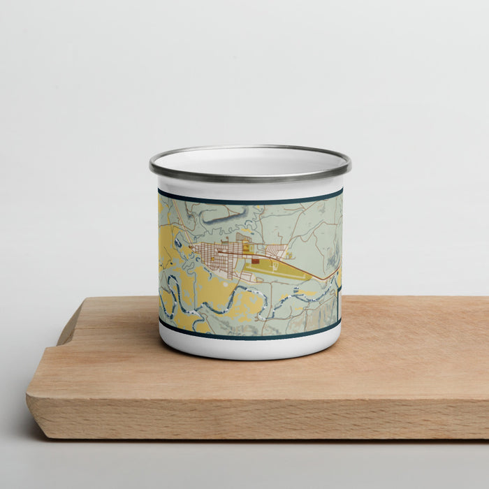 Front View Custom Kremmling Colorado Map Enamel Mug in Woodblock on Cutting Board