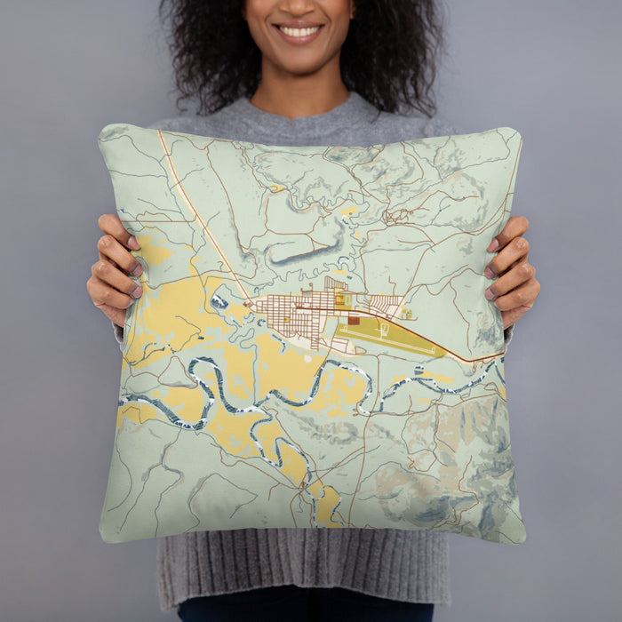 Person holding 18x18 Custom Kremmling Colorado Map Throw Pillow in Woodblock