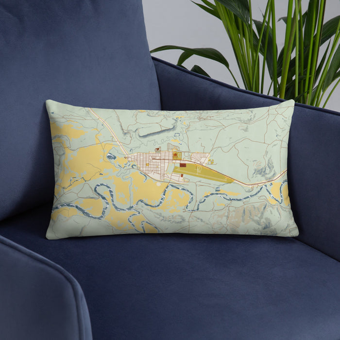 Custom Kremmling Colorado Map Throw Pillow in Woodblock on Blue Colored Chair