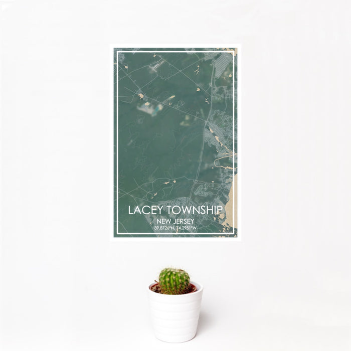 12x18 Lacey Township New Jersey Map Print Portrait Orientation in Afternoon Style With Small Cactus Plant in White Planter