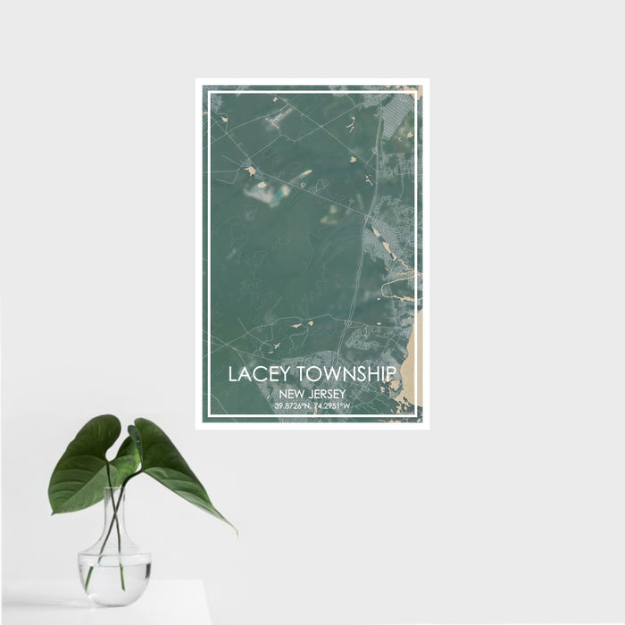 16x24 Lacey Township New Jersey Map Print Portrait Orientation in Afternoon Style With Tropical Plant Leaves in Water