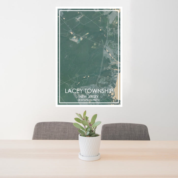24x36 Lacey Township New Jersey Map Print Portrait Orientation in Afternoon Style Behind 2 Chairs Table and Potted Plant