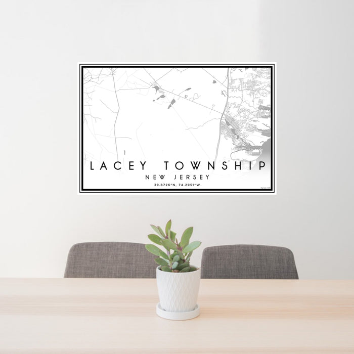 24x36 Lacey Township New Jersey Map Print Landscape Orientation in Classic Style Behind 2 Chairs Table and Potted Plant