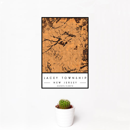 12x18 Lacey Township New Jersey Map Print Portrait Orientation in Ember Style With Small Cactus Plant in White Planter