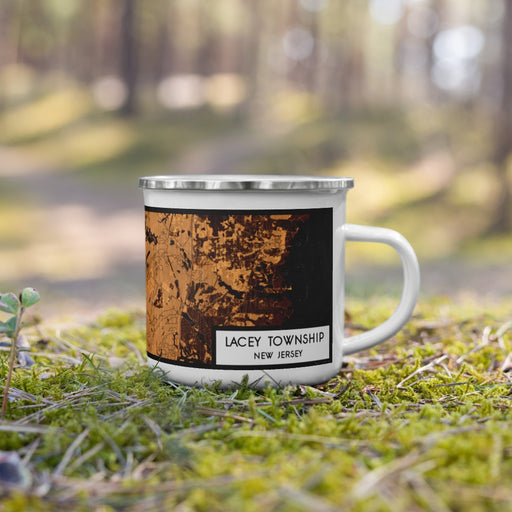 Right View Custom Lacey Township New Jersey Map Enamel Mug in Ember on Grass With Trees in Background