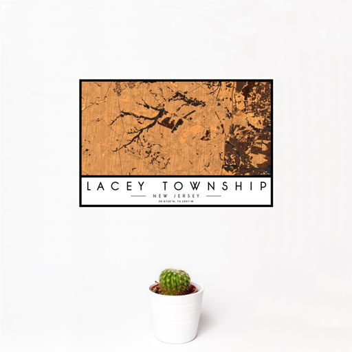 12x18 Lacey Township New Jersey Map Print Landscape Orientation in Ember Style With Small Cactus Plant in White Planter