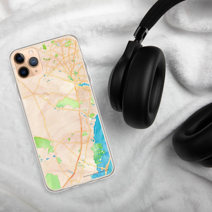 Custom Lacey Township New Jersey Map Phone Case in Watercolor on Table with Black Headphones