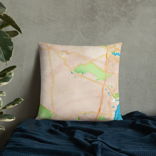 Custom Lacey Township New Jersey Map Throw Pillow in Watercolor on Bedding Against Wall