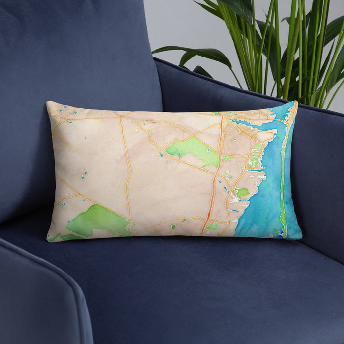 Custom Lacey Township New Jersey Map Throw Pillow in Watercolor on Blue Colored Chair