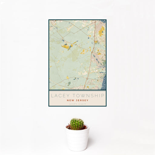 12x18 Lacey Township New Jersey Map Print Portrait Orientation in Woodblock Style With Small Cactus Plant in White Planter