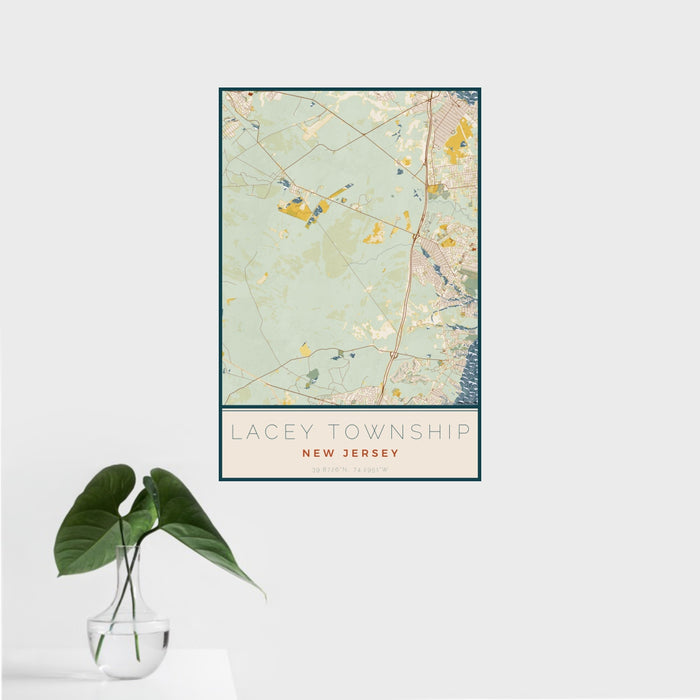 16x24 Lacey Township New Jersey Map Print Portrait Orientation in Woodblock Style With Tropical Plant Leaves in Water