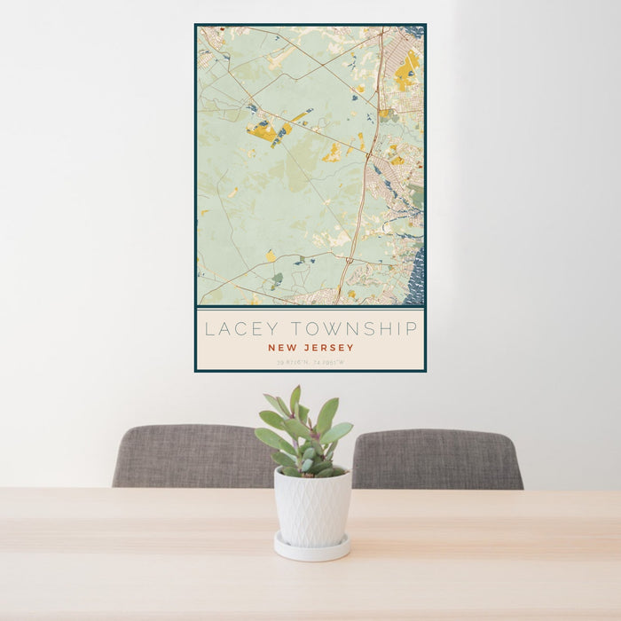 24x36 Lacey Township New Jersey Map Print Portrait Orientation in Woodblock Style Behind 2 Chairs Table and Potted Plant